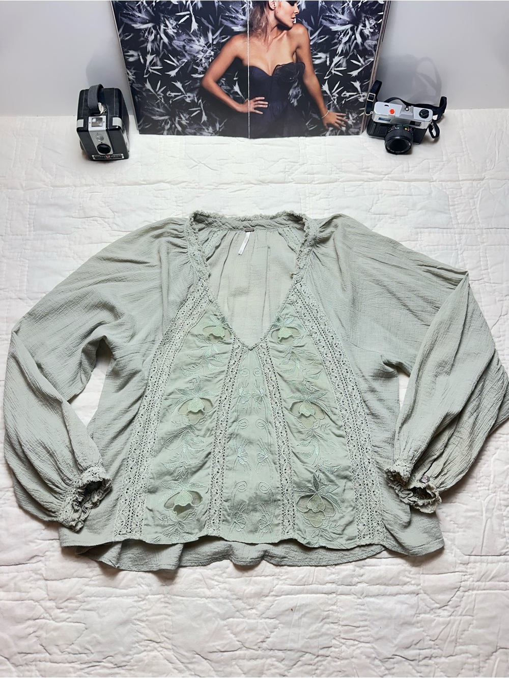 Free People Sage Green Embroidered Cotton Tunic | Romantic Boho Prairie Blouse